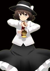  >:) black_background bow brown_eyes brown_hair chain chains hat hat_bow hota necktie short_hair simple_background skirt solo stopwatch touhou usami_renko watch 