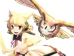  bird blonde_hair brown_eyes holding looking_at_viewer owl ritual_baton short_hair simple_background sleeveless takuzui touhou toyosatomimi_no_miko white_background wristband 