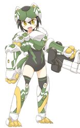  black_hair blush busou_shinki highres howling no_nose open_mouth short_hair simple_background smile solo weapon white_background yellow_eyes yudepii 