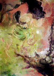  aqua_eyes cape green_hair highres k_no_hito pastel_(medium) short_hair solo touhou upside-down wriggle_nightbug 