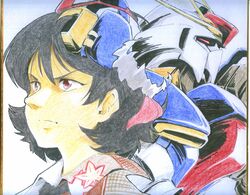  black_hair gundam parody red_eyes shameimaru_aya shikishi short_hair touhou traditional_media yudepii 