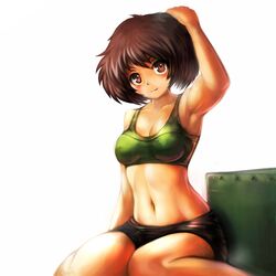  akiyama_yukari arm_up bike_shorts blush bra brown_eyes brown_hair girls_und_panzer looking_at_viewer military military_vehicle navel short_hair sitting smile solo sports_bra tank underwear vehicle yilx 