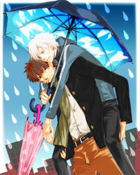  brown_eyes brown_hair casual cross cross_earrings earrings fate/zero fate_(series) jacket jewelry kotomine_kirei matou_kariya multiple_boys piggyback rain scarf teaegg umbrella white_hair 