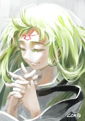  c.c. closed_eyes code_geass colored_eyelashes eyes_closed facial_mark forehead_mark green_hair long_hair neeta smile solo straitjacket 