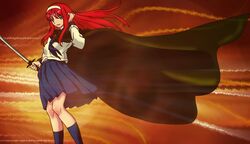  blue_eyes cape drawfag hairband highres long_hair parody payot pleated_skirt red_hair redhead school_uniform serafuku shakugan_no_shana skirt smile socks solo sword tohno_akiha toono_akiha tsukihime vermillion_akiha weapon 