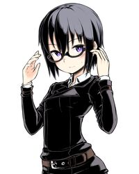  belt black_hair blush glasses highres kino kino_no_tabi looking_at_viewer motorii purple_eyes short_hair simple_background solo sweatdrop violet_eyes white_background 