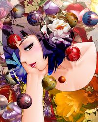  ball blush bob_cut brown_eyes chin_rest eyeshadow flower highres lipstick makeup multicolored_hair original short_hair smile solo yui_toshiki 