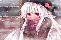  blush food fruit gloves hands_together hat heart hinanawi_tenshi long_hair m.u.g.e.n mixarumixa peach red_eyes scarf snowing solo touhou white_hair 