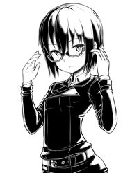 belt blush glasses kino kino_no_tabi looking_at_viewer monochrome motorii short_hair simple_background solo white_background 