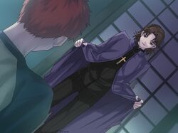  brown_eyes brown_hair cassock coat_lift cross cross_necklace derivative_work dutch_angle emiya_shirou fate/stay_night fate_(series) jewelry kotomine_kirei mmm_ss multiple_boys necklace parody photoshop raglan_sleeves red_hair redhead signature skirt skirt_lift takeuchi_takashi 