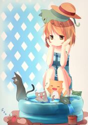  1girl =_= animal_on_head cat cat_on_head chin_rest fujiwara_gacho fuu-chan_(fujiwara_gacho) hat highres multicolored_eyes nose_bubble o_o orange_hair original plant potted_plant ringed_eyes solo straw_hat too_many_cats wading_pool z 