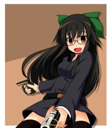  alternate_costume bespectacled black_hair black_legwear bow explosive glasses grenade gun hair_bow long_hair pistol red-framed_glasses reiuji_utsuho semi-rimless_glasses solo taiyou89 thigh-highs thighhighs touhou under-rim_glasses weapon yellow_eyes 