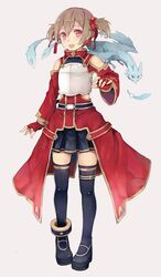  :d bare_shoulders black_legwear blush breastplate brown_hair evers feathers fingerless_gloves gloves hair_ribbon looking_at_viewer open_mouth pina_(sao) pink_eyes red_eyes ribbon short_hair short_twintails silica simple_background skirt smile solo sword_art_online thigh-highs thighhighs twintails white_background 