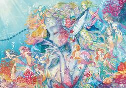  closed_eyes eyes_closed long_hair mermaid monster_girl multiple_girls original submerged sunbeam sunlight takatora underwater 