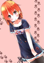  :o black_legwear blush chestnut_mouth clothes_writing fujiwara_gacho fuu-chan_(fujiwara_gacho) jewelry looking_at_viewer multicolored_eyes orange_hair original paw_print pendant ringed_eyes shirt_tug short_hair skirt solo t-shirt thigh-highs thighhighs zettai_ryouiki 