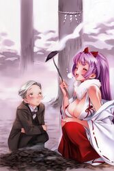  1girl bare_shoulders breasts brown_eyes cleavage closed_eyes copyright_request eyes_closed food hair_ribbon highres huge_breasts japanese_clothes kneeling long_hair long_sleeves miko nishieda open_mouth outdoors pink_hair ponytail ribbon sandals silver_hair smile stick 