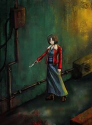  absurdres blue_eyes brown_hair highres jacket japanese_clothes kara_no_kyoukai kimono knife multicolored_eyes pink_eyes pipes red_jacket ryougi_shiki shochan1962 short_hair solo 