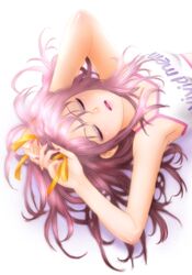  blush brown_hair closed_eyes clothes_writing eyes_closed eyeshadow hair_ribbon hand_in_hair highres lips makeup open_mouth original ribbon short_hair smile solo yui_toshiki 