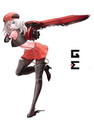  alisa_ilinichina_amiella arisa_iriinchina_amieera blue_eyes boots cabbie_hat gatling_gun god_eater god_eater_burst gun hat highres huge_weapon leg_up long_hair midriff moripate_(naohito) navel pantyhose silver_hair simple_background skirt solo suspenders sword thigh-highs thigh_boots thighhighs weapon white_background 