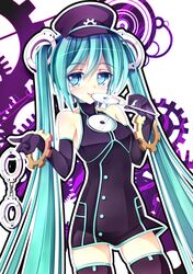  alternate_costume aqua_hair blue_eyes cd cuffs elbow_gloves fork gears gloves hand_cuffs handcuffs hat hatsune_miku highres kouusagi long_hair peaked_cap project_diva project_diva_f sadistic_music_factory_(vocaloid) solo thigh-highs thighhighs tongue twintails very_long_hair vocaloid 