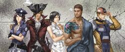  3boys ada_wong alternate_costume belt blonde_hair chinese_clothes chris_redfield crossed_arms epaulettes everyone eyepatch facial_hair hair_ornament hair_over_one_eye hand_on_shoulder hat helena_harper japanese_clothes kimono leon_s_kennedy long_image multiple_boys multiple_girls narrator_(nobody) necktie piers_nivans pirate_hat police police_uniform resident_evil resident_evil_6 sword tattoo uniform weapon wide_image 