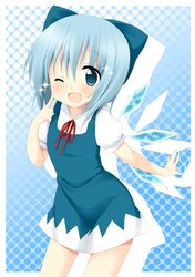  blue_dress blue_eyes blue_hair blush bow cirno dress fang finger_to_face hair_bow looking_at_viewer oniku-chan open_mouth polka_dot polka_dot_background puffy_sleeves shirt short_hair short_sleeves smile solo sparkle touhou wings wink 