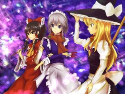 3girls blue_eyes broom brown_eyes brown_hair cala_(artist) hair_ribbon hair_tubes hakurei_reimu hat izayoi_sakuya kirisame_marisa maid_apron maid_headdress multiple_girls ribbon silver_hair touhou witch_hat yellow_eyes 