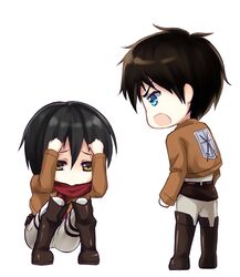  1boy 1girl black_hair blue_eyes boots chibi eren_jaeger jacket long_sleeves mikasa_ackerman open_mouth scarf shingeki_no_kyojin short_hair thigh_strap white_background yellow_eyes 