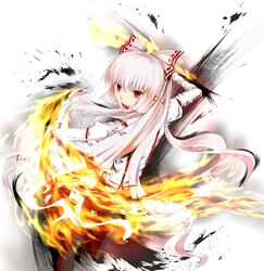  1girl cala_(artist) fire fujiwara_no_mokou hair_ribbon long_hair ofuda red_eyes ribbon solo suspenders touhou very_long_hair white_hair 