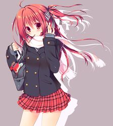  bag blush earphones long_hair mouth_hold original pleated_skirt pocky red_eyes red_hair redhead sakura_hanpen scarf school_uniform side_ponytail skirt solo wind 