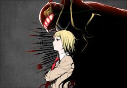  1boy androgynous axe bangs blonde_hair blunt_bangs crossed_arms erubo multicolored_hair original pink_hair polearm red_eyes school_uniform solo spear sword theodor_bachstein too_many_weapons two-tone_hair weapon 