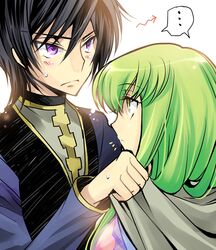  black_hair blush c.c. code_geass creayus green_hair lelouch_lamperouge long_hair purple_eyes sweat violet_eyes yellow_eyes 