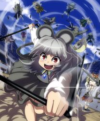  >_< animal_ears basket blonde_hair blush capelet cirno closed_eyes dowsing_rod eyes_closed fairy grey_hair highres jewelry long_hair long_sleeves mouse mouse_ears mouse_tail multiple_girls nazrin open_mouth red_eyes ribbon shope short_hair skirt smile tail toramaru_shou touhou wings x_x 