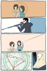  4koma :d brown_eyes brown_hair catching_bullet character_request comic glasses gloves gun idolmaster idolmaster_cinderella_girls kamijou_haruna long_coat maekawa_miku multiple_girls open_mouth rifle rokuno scope short_hair smile sniper sniper_rifle solo sunglasses surprised weapon 