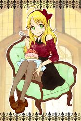  :p ahoge blonde_hair cake dress food green_eyes hairband hoshii_miki idolmaster long_hair off_shoulder pantyhose sitting smile solo stmp tongue tongue_out 