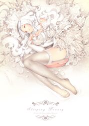  bare_shoulders breasts collarbone detached_sleeves dress english garter_straps long_hair lying mirunai on_side original panties solo thigh-highs thighhighs underwear white_background white_hair white_legwear white_panties 