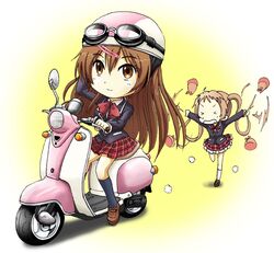  akiran_(r32) blonde_hair brown_eyes brown_hair chasing chuunibyou_demo_koi_ga_shitai! closed_eyes dekomori_sanae eyes_closed goggles goggles_on_head hair_weapon helmet long_hair motor_scooter motor_vehicle motorcycle multiple_girls nibutani_shinka school_uniform scooter side_ponytail twintails vehicle very_long_hair 