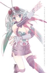 1girl antennae belt breasts cleavage female fingerless_gloves genderswap gloves green_eyes green_hair highres kamen_rider kamen_rider_1 long_hair mask pose rider-tan shisaki_tayu skirt solo