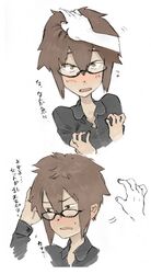  blush brown_hair embarrassed glasses glasses_girl_(kusada) kusada original petting short_hair translation_request 