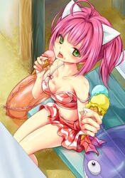  ahoge animal_ears bikini blush breasts cat_ears green_eyes holding ice_cream_cone innertube long_hair looking_at_viewer navel open_mouth pink_hair sitting solo strap_slip striped striped_bikini striped_swimsuit swimsuit tamashiro umi_monogatari urin_(umi_monogatari) 