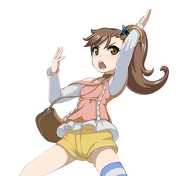  >:o bag blush brown_hair butterfly_hair_ornament caryo chousoku_henkei_gyrozetter female green_eyes hair_ornament inaba_rinne long_hair lowres midori_boushi shorts side_ponytail simple_background single_thighhigh solo striped striped_legwear thigh-highs thighhighs white_background 