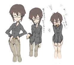  anger_vein angry belt belt_removed blush bottomless brown_hair glasses glasses_girl_(kusada) kusada original pants progression shirt shirt_tug short_hair solo translation_request undressing untucked_shirt 