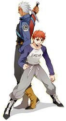  archer boots cropped_jacket dragon_ball dragon_ball_z dragonball_z emiya_shirou fate/stay_night fate_(series) grey_eyes multiple_boys parody pinki_(shounenkakuseiya) raglan_sleeves red_hair redhead sheath sheathed sword trunks* trunks_(dragon_ball) trunks_(dragon_ball)_(cosplay) weapon white_hair 