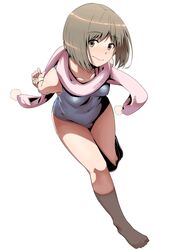  arms_behind_back blush brown_eyes brown_hair inu_(aerodog) looking_at_viewer one-piece_swimsuit original scarf school_swimsuit short_hair smile socks solo swimsuit 