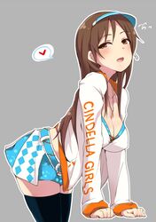  black_legwear breasts brown_eyes brown_hair cleavage flying_sweatdrops headset heart idolmaster idolmaster_cinderella_girls jewelry large_breasts long_hair looking_at_viewer maze_(gochama_ze_gohan) necklace nitta_minami simple_background skirt smile solo spoken_heart thigh-highs thighhighs visor_cap 