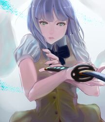  1girl blue_hair green_eyes highres katana konpaku_youmu lips ribbon short_hair solo sword touhou weapon 