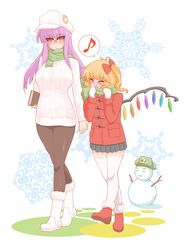  alternate_costume bespectacled black_legwear blonde_hair blush book boots bow breasts closed_eyes coat crescent demekyon eyes_closed fang flandre_scarlet glasses hair_bow hat highres long_hair long_sleeves mittens multiple_girls musical_note no_hat no_headwear open_mouth pantyhose patchouli_knowledge purple_eyes purple_hair ribbed_sweater scarf shared_scarf short_hair side_ponytail skirt smile snow_boots snowman spoken_musical_note star sweater thigh-highs thighhighs touhou violet_eyes white_legwear wings winter_clothes 