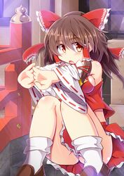  bare_shoulders blush bow breasts brown_eyes brown_hair censored convenient_censoring detached_sleeves hair_bow hair_tubes hakurei_reimu interlocked_fingers koizumi_hitsuji long_hair looking_at_viewer no_panties open_mouth shirt sideboob sitting skirt skirt_set solo stretch touhou upskirt wide_sleeves 