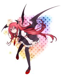  1girl arm_ribbon bat_wings bent_over black_legwear head_wings highres juliet_sleeves koakuma long_hair long_sleeves looking_at_viewer misyagu necktie puffy_sleeves red_eyes red_shoes redhead shirt shoes skirt skirt_set solo thigh-highs touhou very_long_hair vest wings zettai_ryouiki 