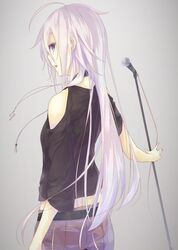  ahoge blue_eyes braid earrings from_behind highres ia_(vocaloid) jewelry la-na long_hair looking_back microphone microphone_stand open_mouth pink_hair skirt solo twin_braids very_long_hair vocaloid 